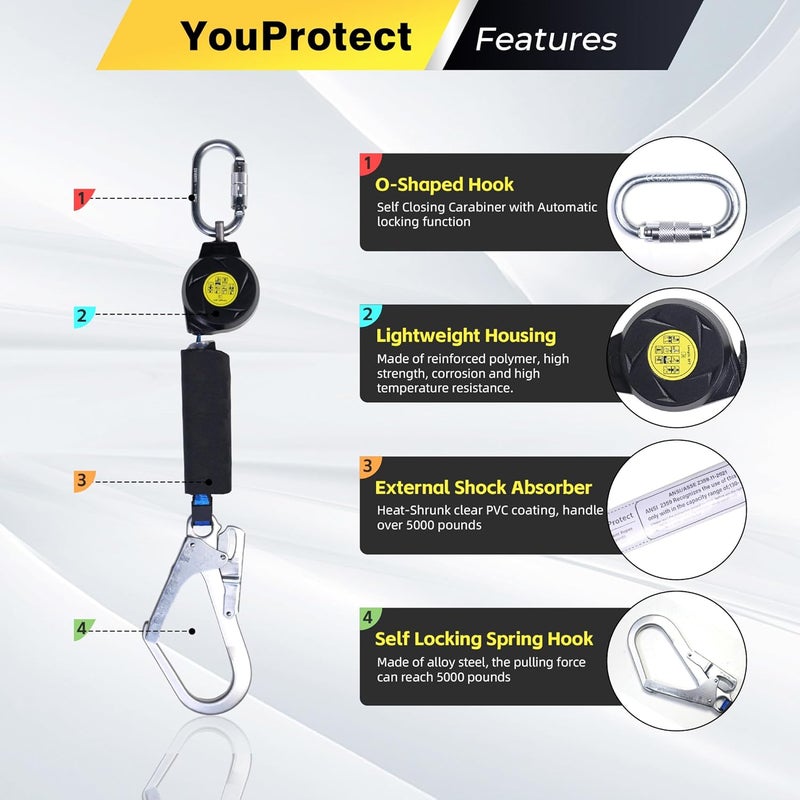 uProtect 6FT Self Retracting Lifeline Fall Protection Retractable Lanyard, Fall Arrest Safety Yoyo for Construction Industrial - OSHA/ANSI Compliant (Large Hook) - Image 2